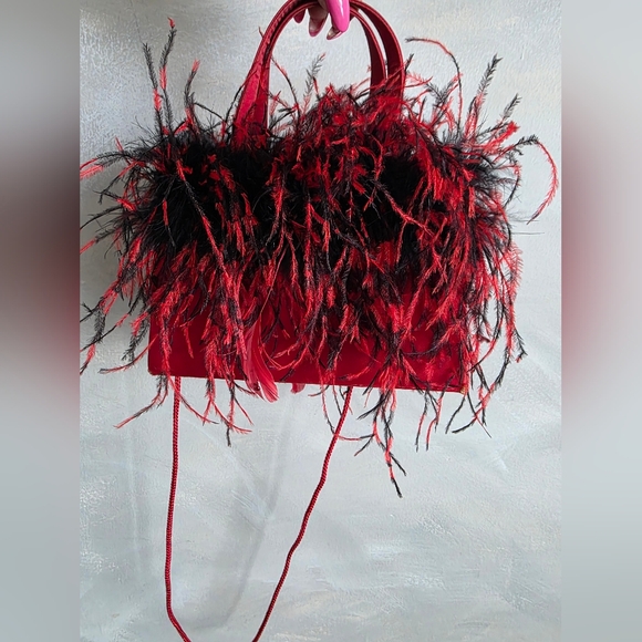 Vtg Red and Black Ostrich Feather Trimmed Satin Crossbody Shoulder Bag Glam 8x5 - Picture 11 of 15